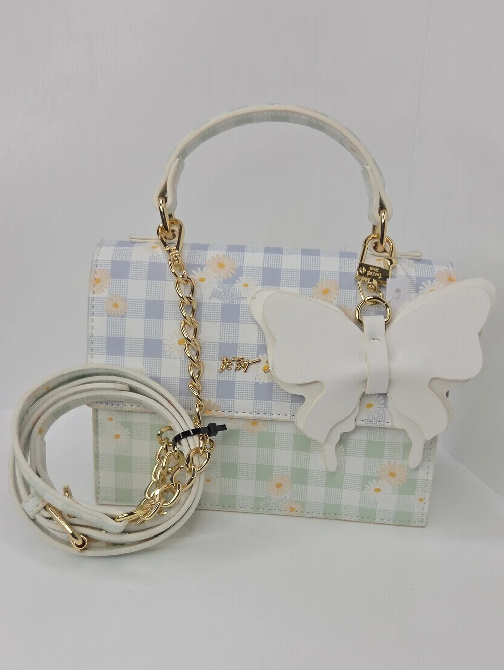 🤍▪️Betsey Johnson ▪️White Butterfly Daisy Gingham Top-Handle Satchel